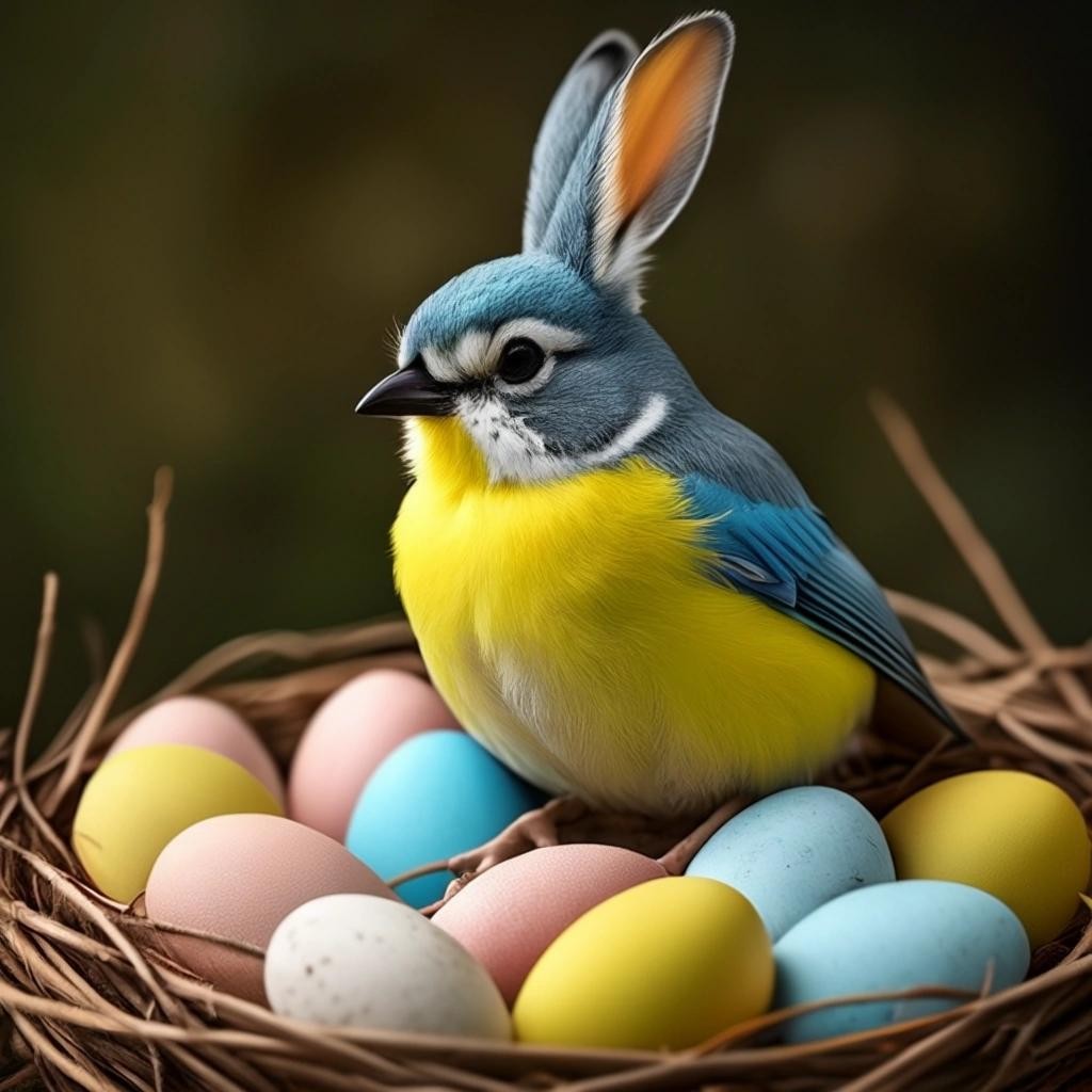 Image with seed 4261558797 generated via Stable Diffusion through @stablehorde@sigmoid.social. Prompt: a Blue tit with rabbit ears sitting between colored eggs