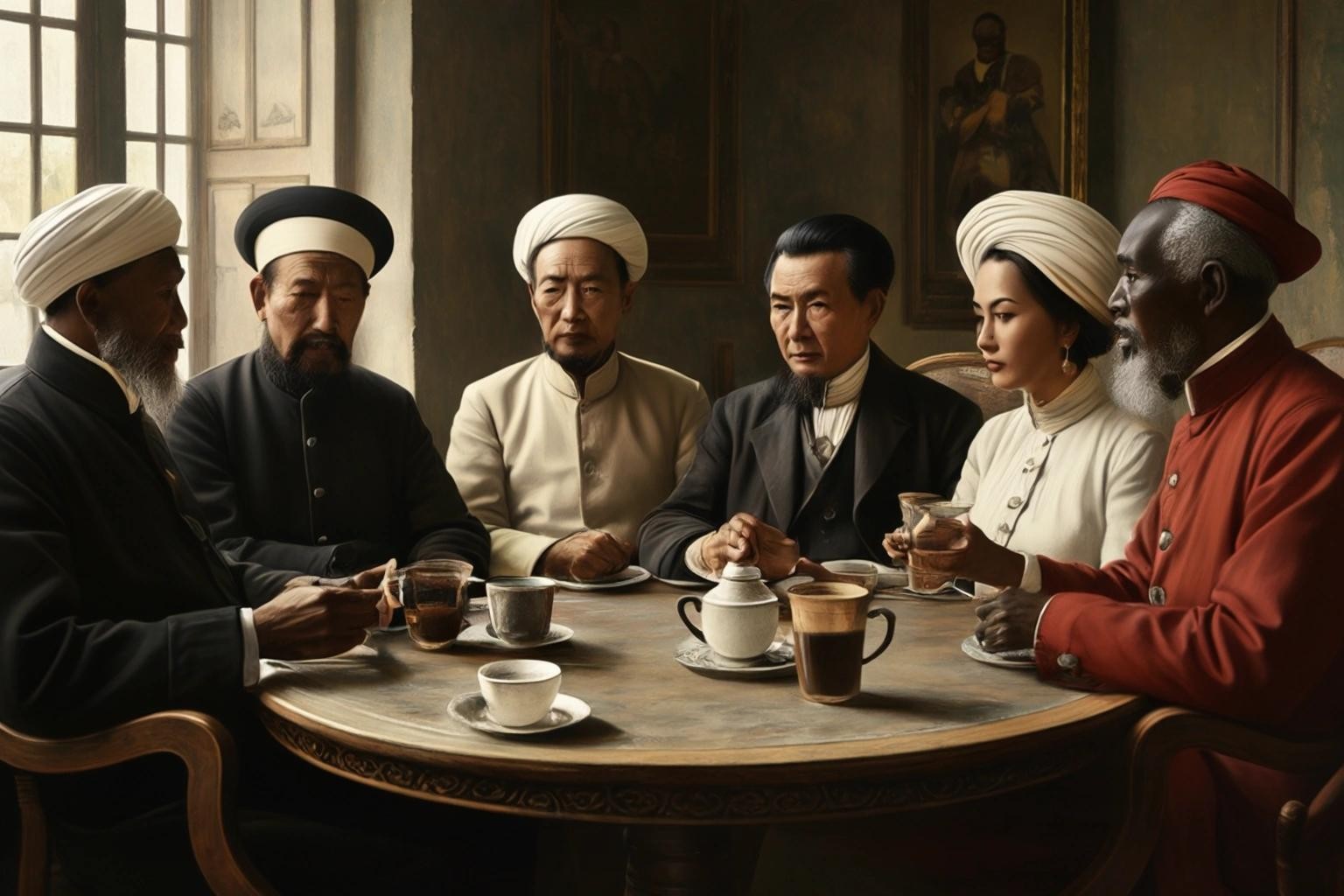 Image with seed 2498669308 generated via Stable Diffusion through @stablehorde@sigmoid.social. Prompt: a group of Mao Zedong, Ayatollah Ruhollah Khomeini, Toussaint L'Ouverture, Olympe de Gouges, Cécile Fatiman, and Maximilian Robespierre sitting around a table drinking coffee together