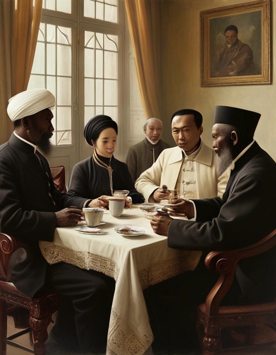 Image with seed 2638766443 generated via Stable Diffusion through @stablehorde@sigmoid.social. Prompt: a group of Mao Zedong, Ayatollah Ruhollah Khomeini, Toussaint L'Ouverture, Olympe de Gouges, Cécile Fatiman, and Maximilian Robespierre sitting around a table drinking coffee together