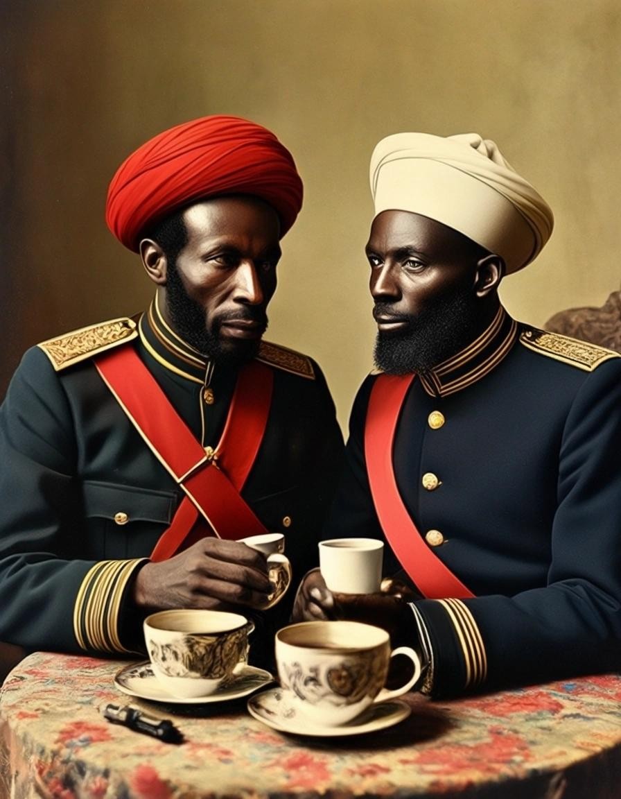 Image with seed 3861600196 generated via Stable Diffusion through @stablehorde@sigmoid.social. Prompt: Jean-Jacques Dessalines drinking coffee with the Ayatollah Khomeini