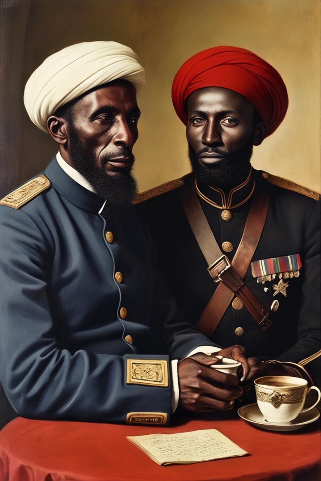 Image with seed 2002315872 generated via Stable Diffusion through @stablehorde@sigmoid.social. Prompt: Jean-Jacques Dessalines drinking coffee with the Ayatollah Khomeini
