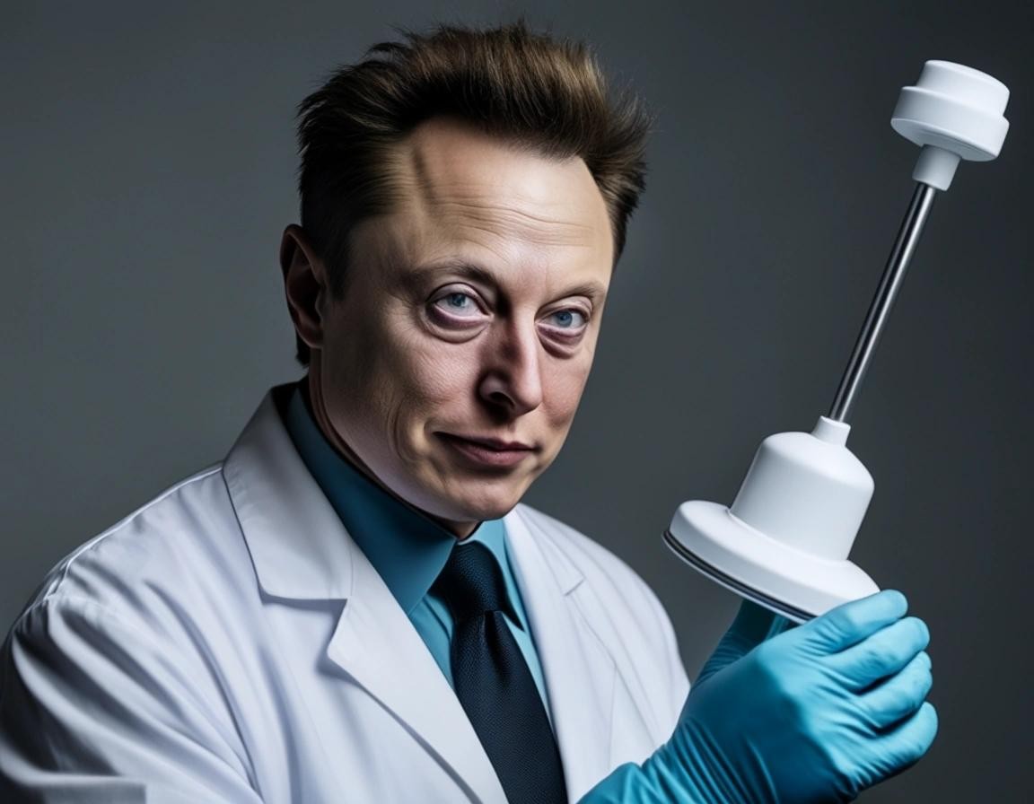 Image with seed 2588282738 generated via Stable Diffusion through @stablehorde@sigmoid.social. Prompt: Elon Musk as a clown neurosurgeon implanting a neuralink in someone's head with a toilet plunger