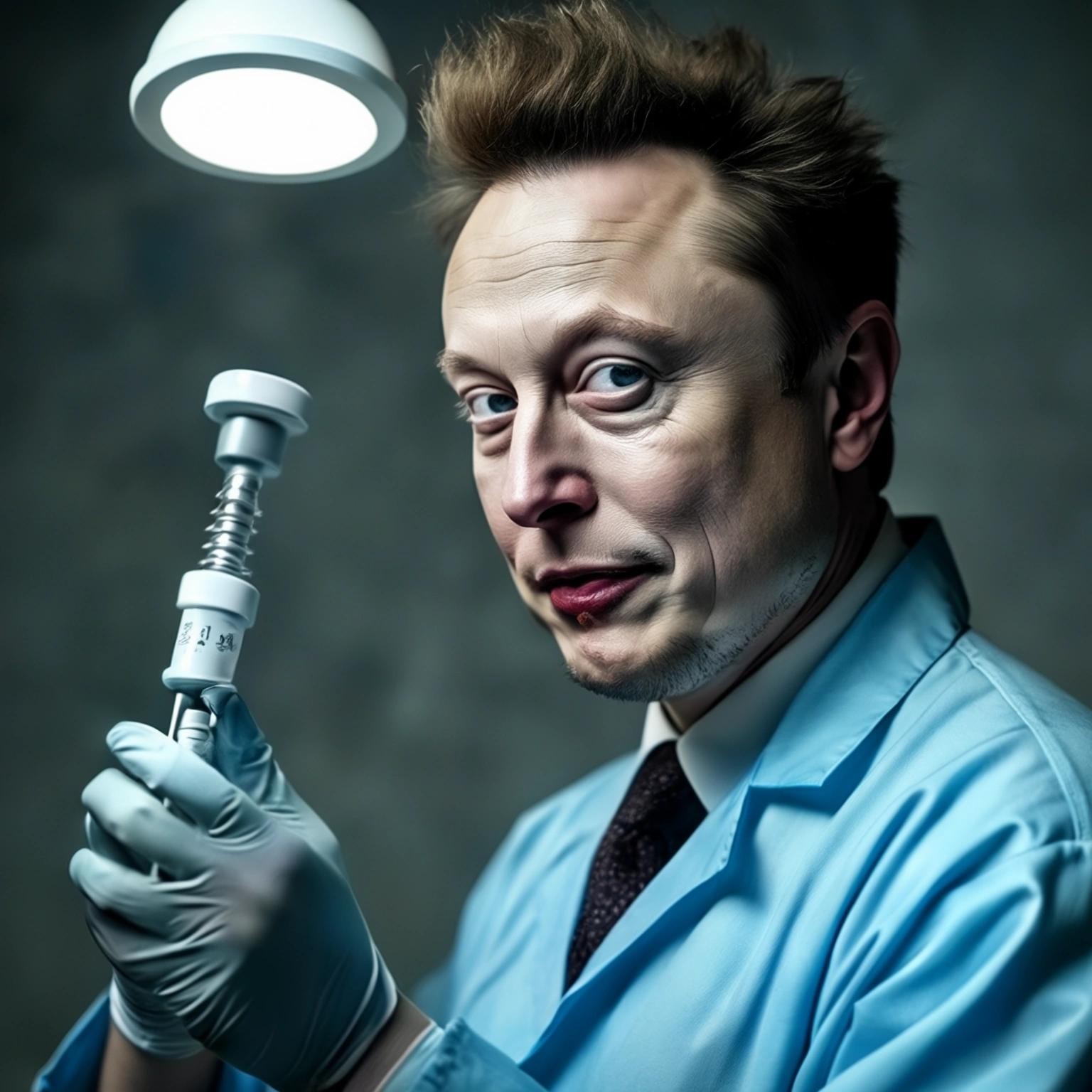 Image with seed 4267196413 generated via Stable Diffusion through @stablehorde@sigmoid.social. Prompt: Elon Musk as a clown neurosurgeon implanting a neuralink in someone's head with a toilet plunger