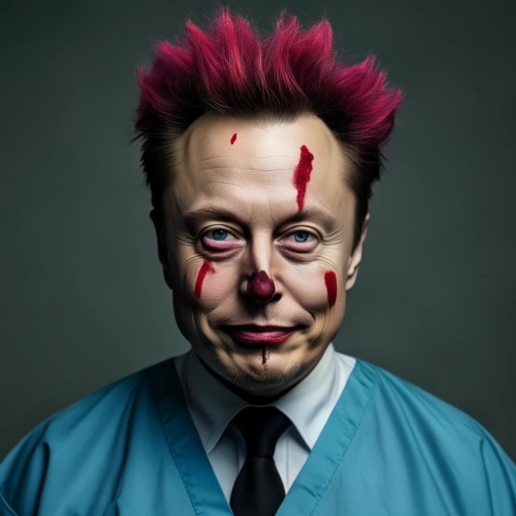 Image with seed 3759767089 generated via Stable Diffusion through @stablehorde@sigmoid.social. Prompt: Elon Musk as a neurosurgeon in full clown paint and clown hair using a toilet plunger on a patient's head