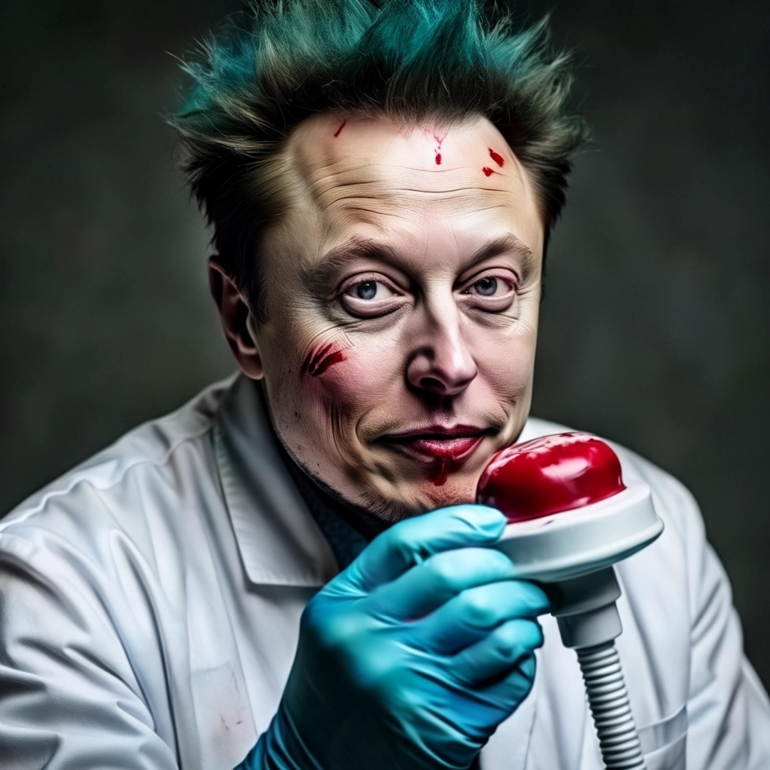 Image with seed 3691599251 generated via Stable Diffusion through @stablehorde@sigmoid.social. Prompt: Elon Musk as a neurosurgeon in full clown paint and clown hair using a toilet plunger on a patient's head
