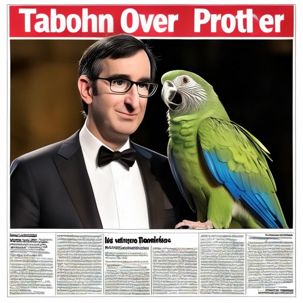 Image with seed 1215687164 generated via Stable Diffusion through @stablehorde@sigmoid.social. Prompt: tabloid front page, John Oliver Marries Parrot