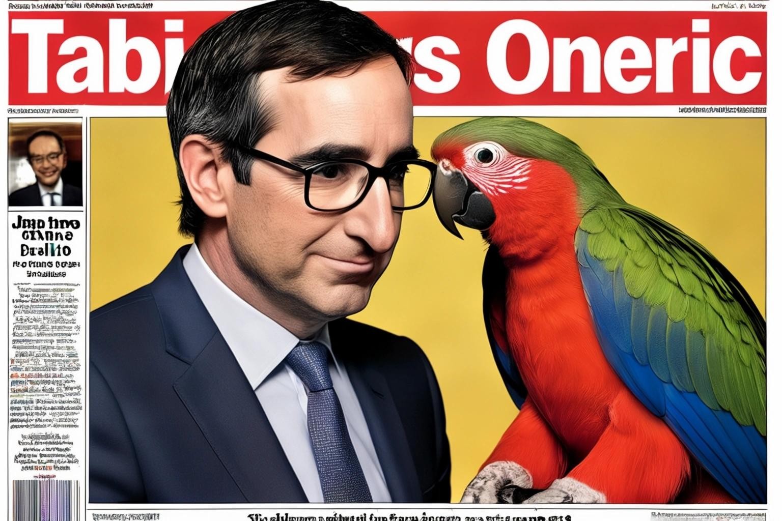 Image with seed 4204688356 generated via Stable Diffusion through @stablehorde@sigmoid.social. Prompt: tabloid front page, John Oliver Marries Parrot