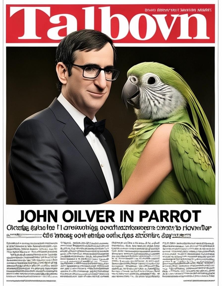 Image with seed 3068403829 generated via Stable Diffusion through @stablehorde@sigmoid.social. Prompt: tabloid front page, John Oliver Marries Parrot