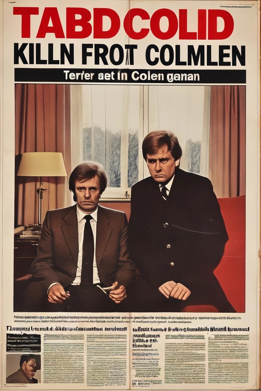 Image with seed 3657300115 generated via Stable Diffusion through @stablehorde@sigmoid.social. Prompt: tabloid front page, Terror Couple Kill Colonel In His West German Home, 1980s