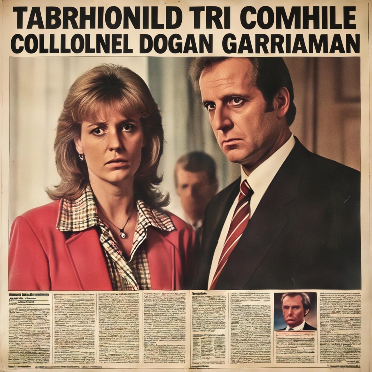 Image with seed 3864283976 generated via Stable Diffusion through @stablehorde@sigmoid.social. Prompt: tabloid front page, Terror Couple Kill Colonel In His West German Home, 1980s