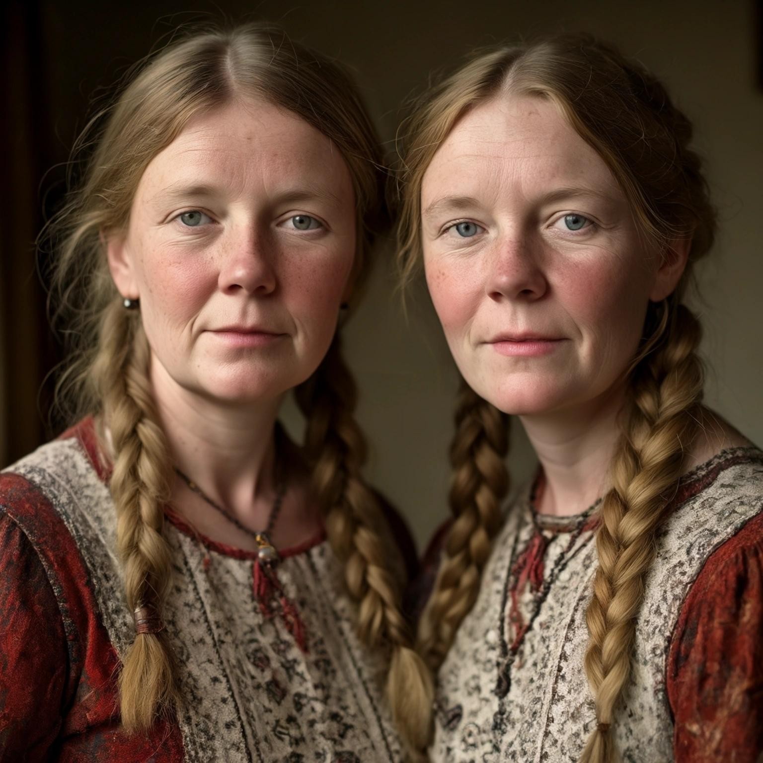 Image with seed 3713457840 generated via Stable Diffusion through @stablehorde@sigmoid.social. Prompt:  the two cousins Priscilla and Gwyneth Molesworth from the neighbouring towns of Middle Fritham and Nether Addlethorpe, respectively