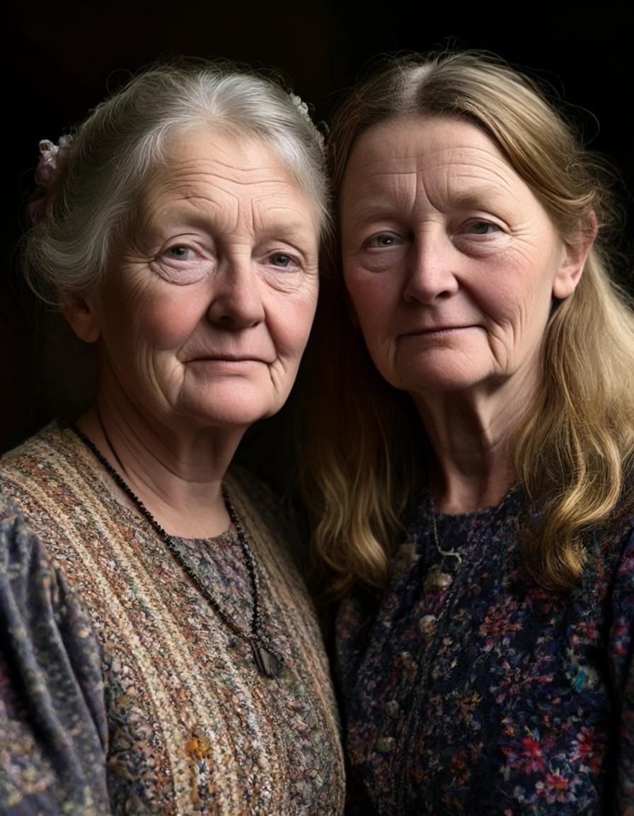 Image with seed 1373792761 generated via Stable Diffusion through @stablehorde@sigmoid.social. Prompt:  the two cousins Priscilla and Gwyneth Molesworth from the neighbouring towns of Middle Fritham and Nether Addlethorpe, respectively