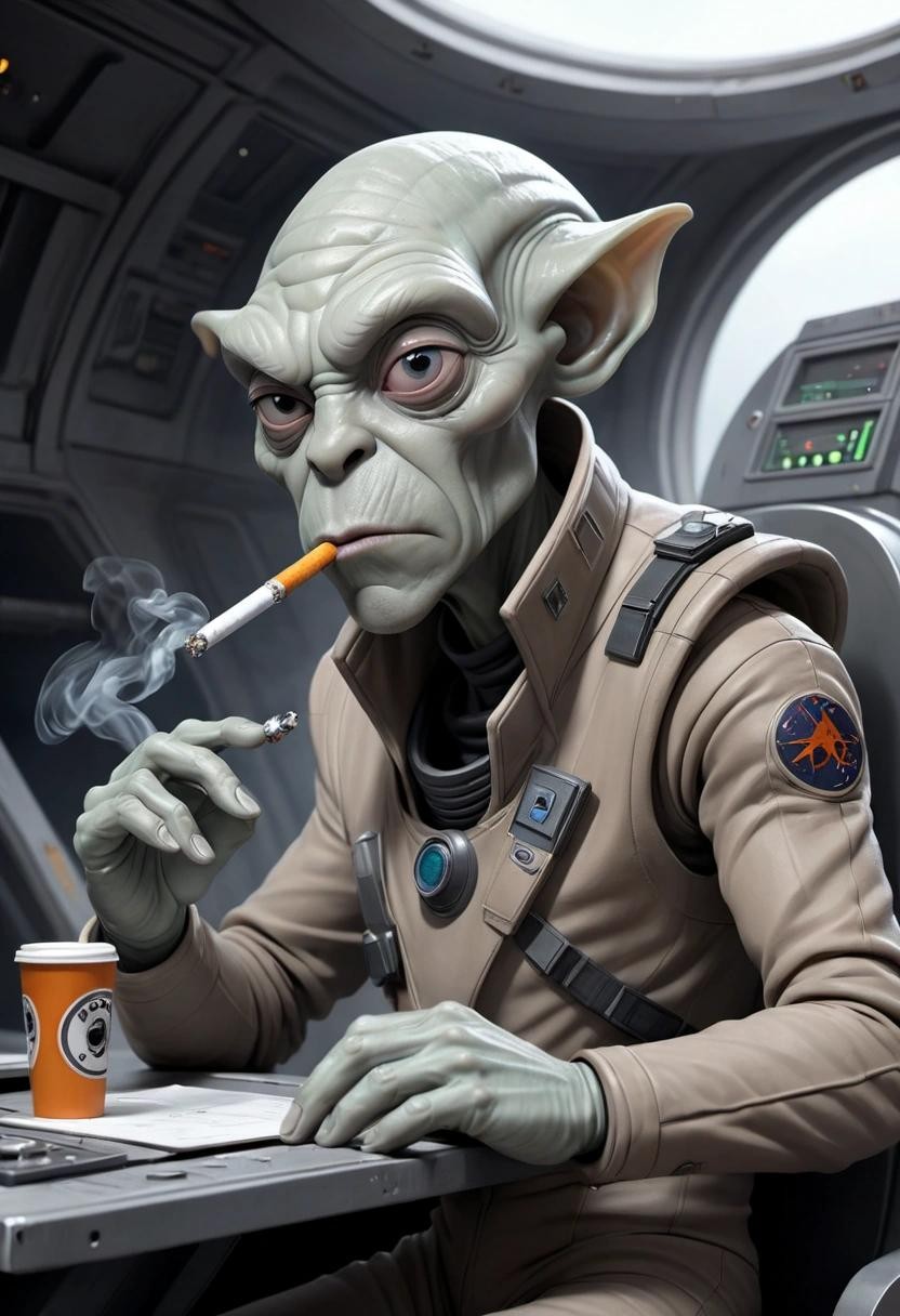 Image with seed 3888460776 generated via Stable Diffusion through @stablehorde@sigmoid.social. Prompt: a very bored grey-skinned alien starship pilot smoking a big conical cigarette, messy dirty starship bridge, 