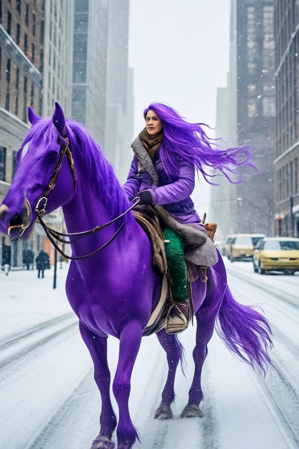 Image with seed 2449599870 generated via Stable Diffusion through @stablehorde@sigmoid.social. Prompt: a frog face person with hair extensions riding a purple horse through downtown after a snowstorm