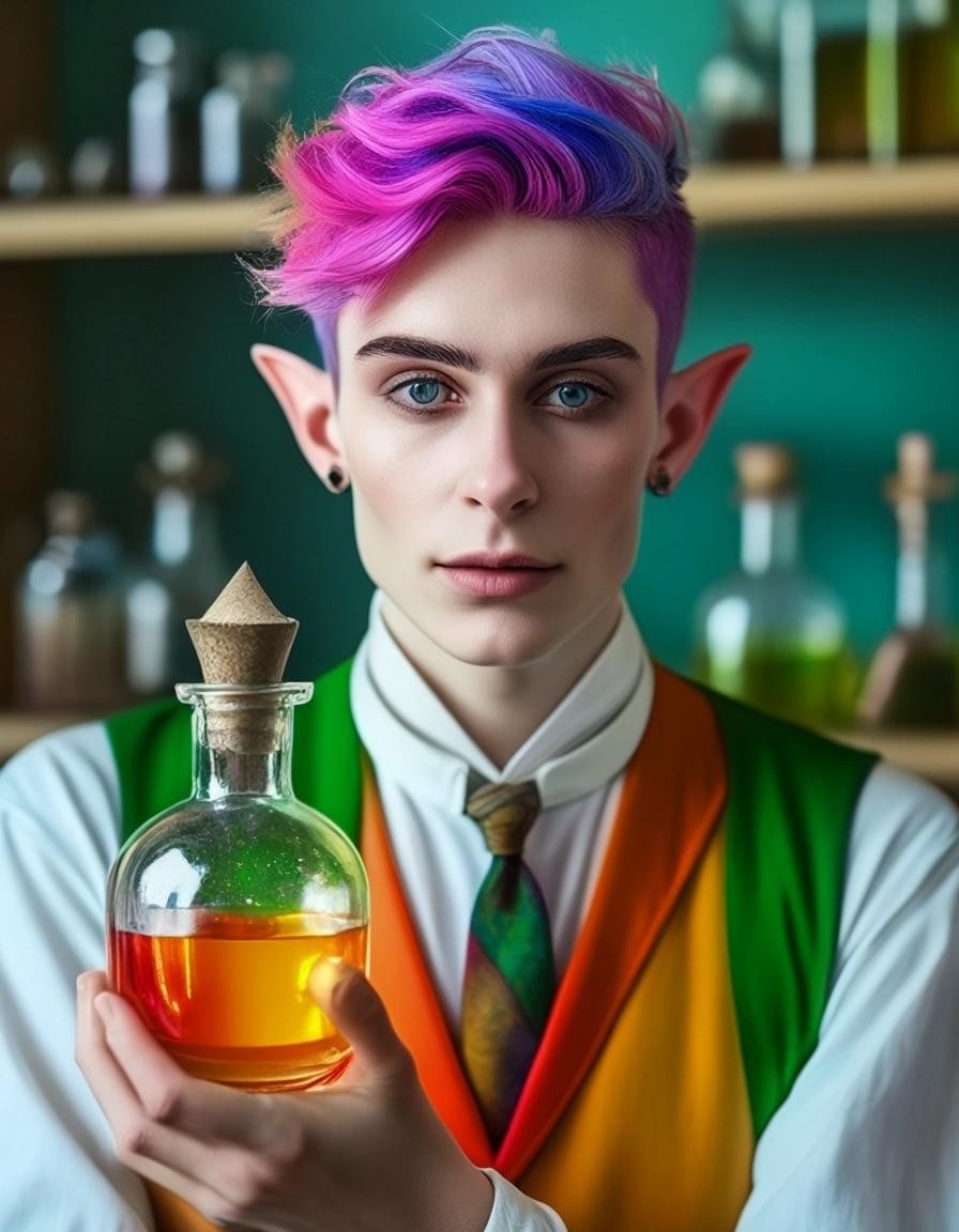 Image with seed 1223960175 generated via Stable Diffusion through @stablehorde@sigmoid.social. Prompt: An androgynous genderqueer nonbinary alchemist holding a flask of rainbow coloured gender fluid in their laboratory, (elf), (pointy ears), fantasy, (masterpiece), best quality, expressive eyes, perfect face