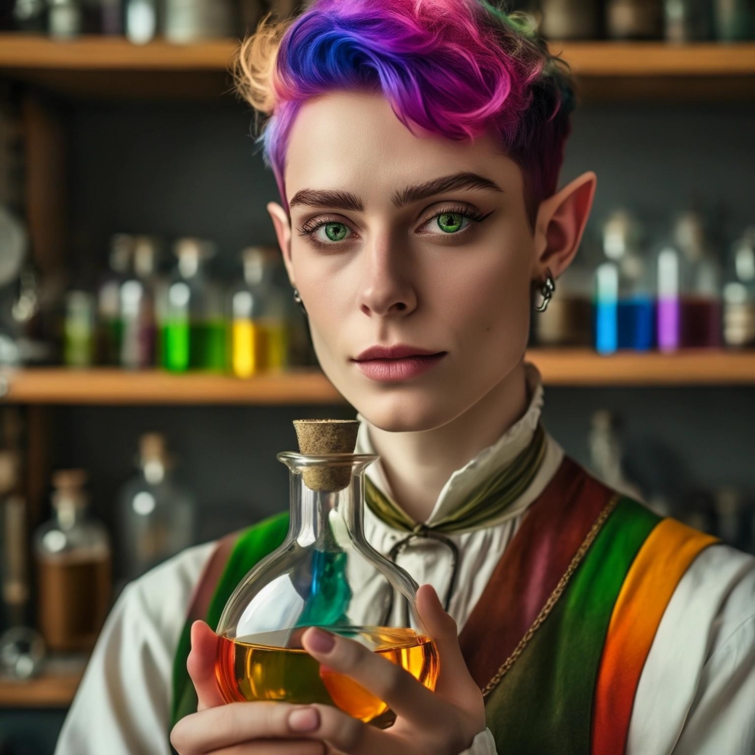 Image with seed 1729521337 generated via Stable Diffusion through @stablehorde@sigmoid.social. Prompt: An androgynous genderqueer nonbinary alchemist holding a flask of rainbow coloured gender fluid in their laboratory, (elf), (pointy ears), fantasy, (masterpiece), best quality, expressive eyes, perfect face