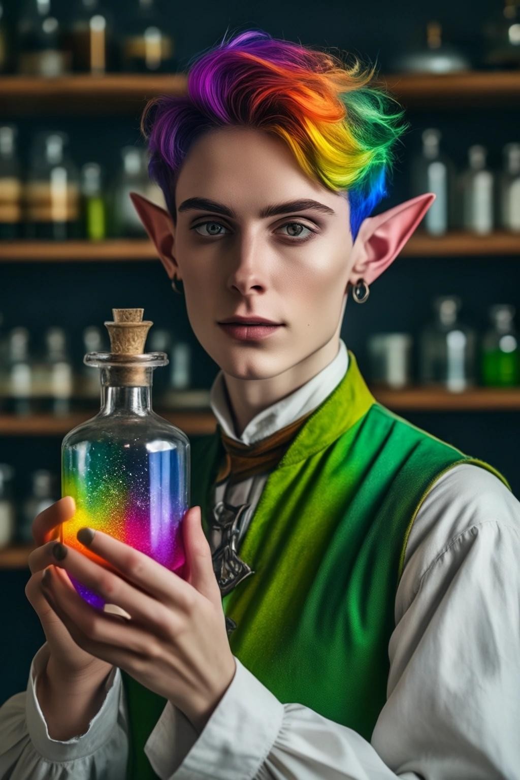 Image with seed 2028625212 generated via Stable Diffusion through @stablehorde@sigmoid.social. Prompt: An androgynous genderqueer nonbinary alchemist holding a flask of rainbow coloured gender fluid in their laboratory, (elf), (pointy ears), fantasy, (masterpiece), best quality, expressive eyes, perfect face