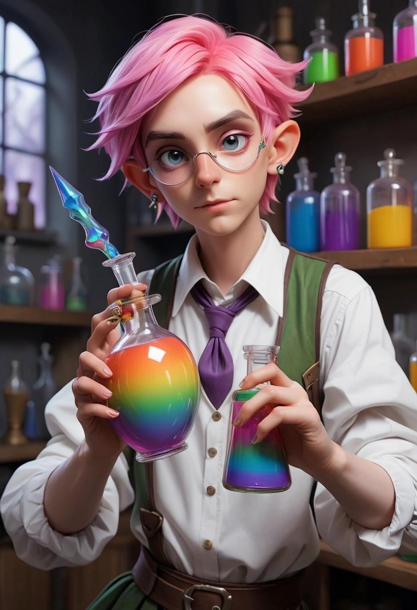 Image with seed 1221219414 generated via Stable Diffusion through @stablehorde@sigmoid.social. Prompt: An androgynous genderqueer nonbinary alchemist holding a flask of rainbow coloured gender fluid in their laboratory, (elf), (pointy ears), fantasy, (masterpiece), best quality, expressive eyes, perfect face 