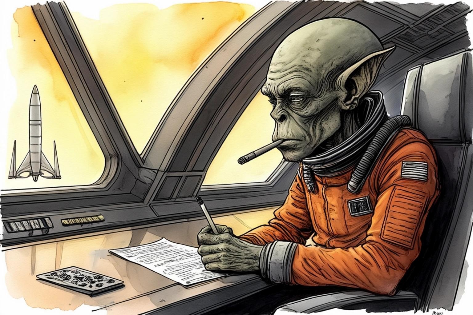 Image with seed 4082296079 generated via Stable Diffusion through @stablehorde@sigmoid.social. Prompt: a very bored grey-skinned alien starship pilot smoking a big conical cigarette, messy dirty starship bridge, science fiction, humanoid aliens, space opera, fantasy, comic book, graphic novel, watercolour on black ink drawing, Morvan, Buchet, Mézières, Christin, Moebius, Enki Bilal