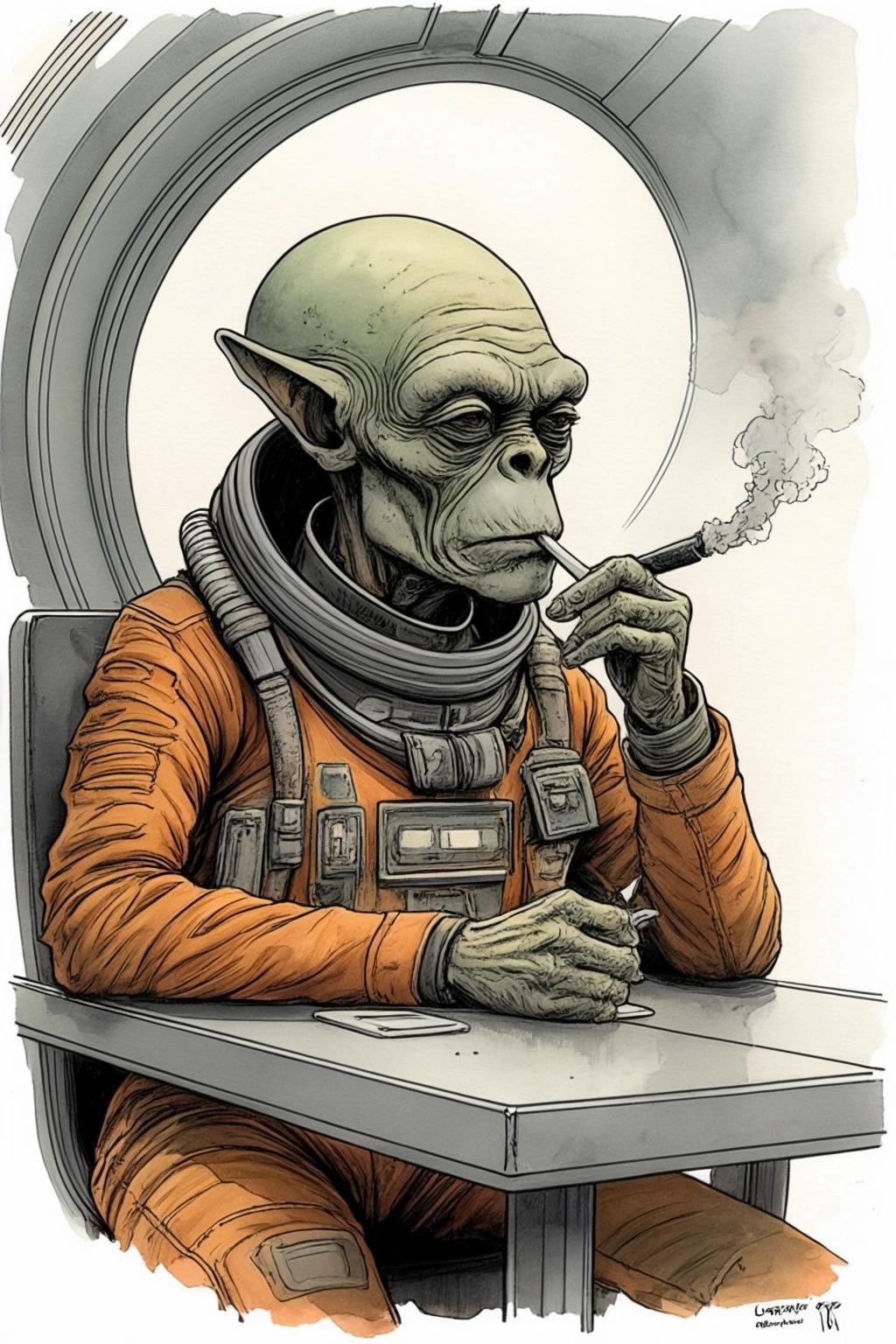 Image with seed 2551039596 generated via Stable Diffusion through @stablehorde@sigmoid.social. Prompt: a very bored grey-skinned alien starship pilot smoking a big conical cigarette, messy dirty starship bridge, science fiction, humanoid aliens, space opera, fantasy, comic book, graphic novel, watercolour on black ink drawing, Morvan, Buchet, Mézières, Christin, Moebius, Enki Bilal