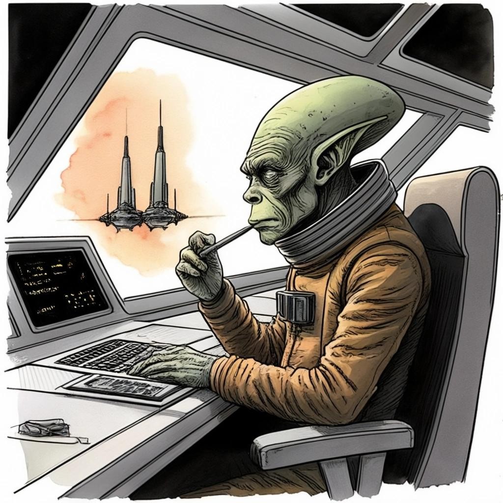 Image with seed 3052074662 generated via Stable Diffusion through @stablehorde@sigmoid.social. Prompt: a very bored grey-skinned alien starship pilot smoking a big conical cigarette, messy dirty starship bridge, science fiction, humanoid aliens, space opera, fantasy, comic book, graphic novel, watercolour on black ink drawing, Morvan, Buchet, Mézières, Christin, Moebius, Enki Bilal