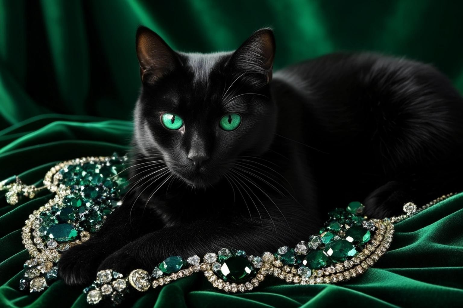 Image with seed 3693284876 generated via Stable Diffusion through @stablehorde@sigmoid.social. Prompt: a black cat, laying on green crushed velvet, strewn with gemstones, diamonds, sapphires, emeralds, pearls, category: bbcolordd