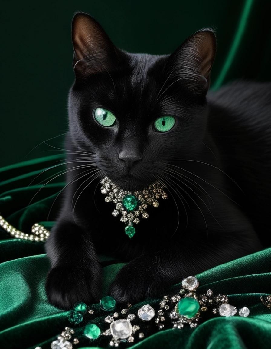 Image with seed 1652544592 generated via Stable Diffusion through @stablehorde@sigmoid.social. Prompt: a black cat, laying on green crushed velvet, strewn with gemstones, diamonds, sapphires, emeralds, pearls, category: bbcolordd
