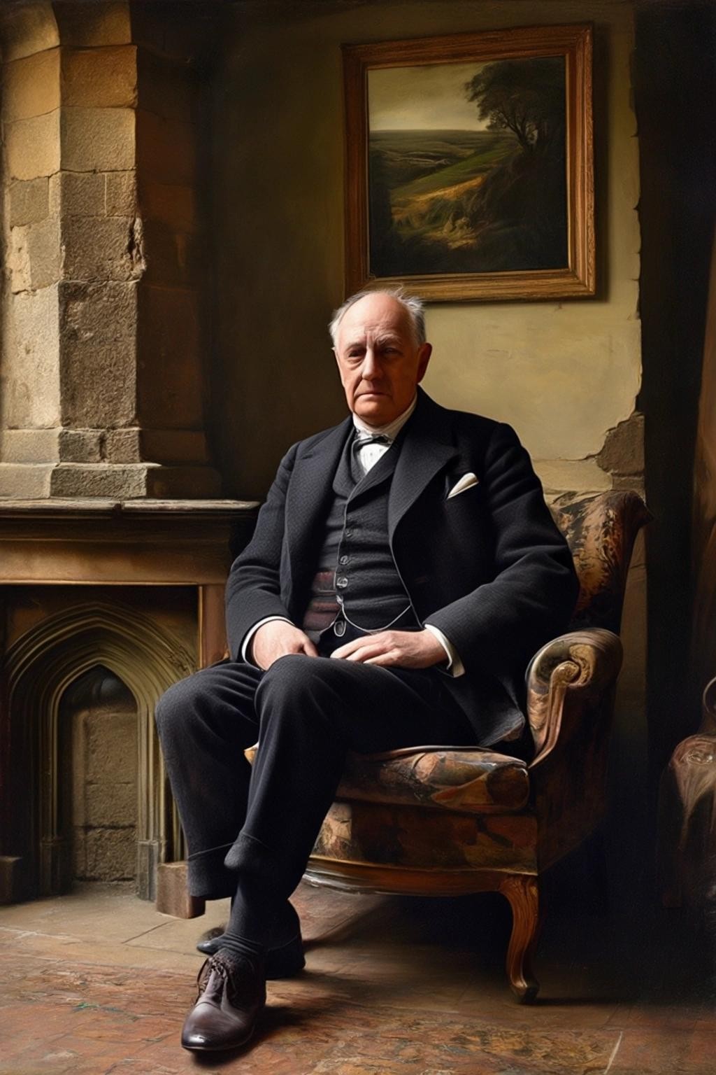Image with seed 3769301029 generated via Stable Diffusion through @stablehorde@sigmoid.social. Prompt: Lord Molesworth-Houghton at Thrumpton Castle