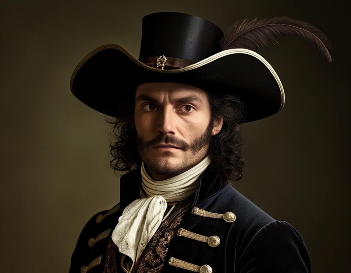 Image with seed 2920819638 generated via Stable Diffusion through @stablehorde@sigmoid.social. Prompt: the Dandy Highwayman wearing a tricorne hat
