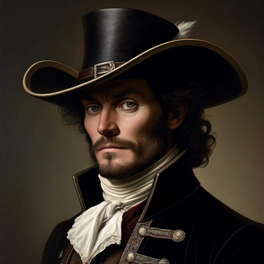 Image with seed 1853472478 generated via Stable Diffusion through @stablehorde@sigmoid.social. Prompt: the Dandy Highwayman wearing a tricorne hat