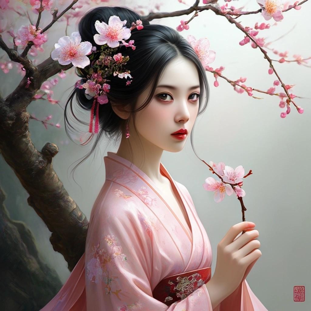 Image with seed 3678874571 generated via Stable Diffusion through @stablehorde@sigmoid.social. Prompt: Lady Plum Blossom, Chinese Spring Fairy