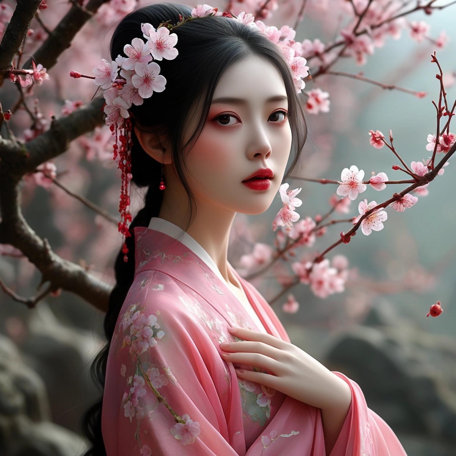 Image with seed 2504992318 generated via Stable Diffusion through @stablehorde@sigmoid.social. Prompt: Lady Plum Blossom, Chinese Spring Fairy