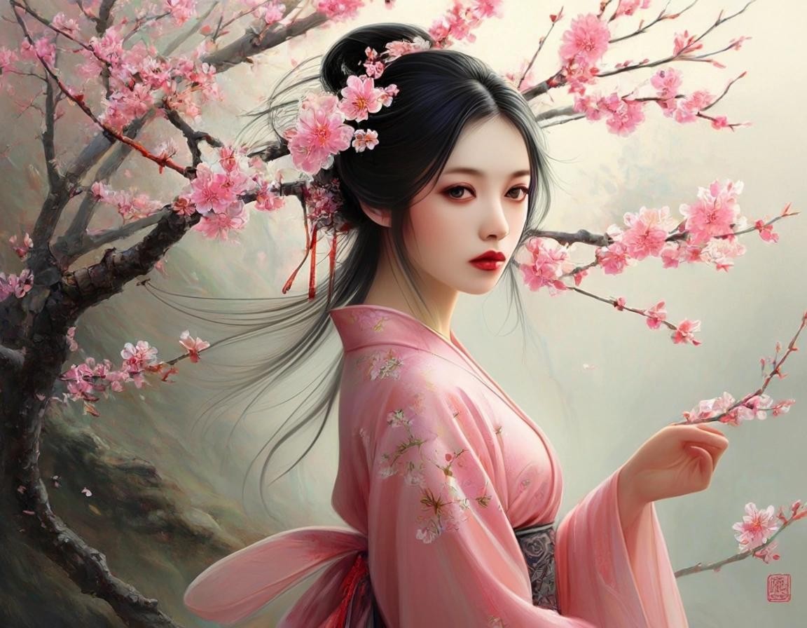 Image with seed 3543472785 generated via Stable Diffusion through @stablehorde@sigmoid.social. Prompt: Lady Plum Blossom, Chinese Spring Fairy