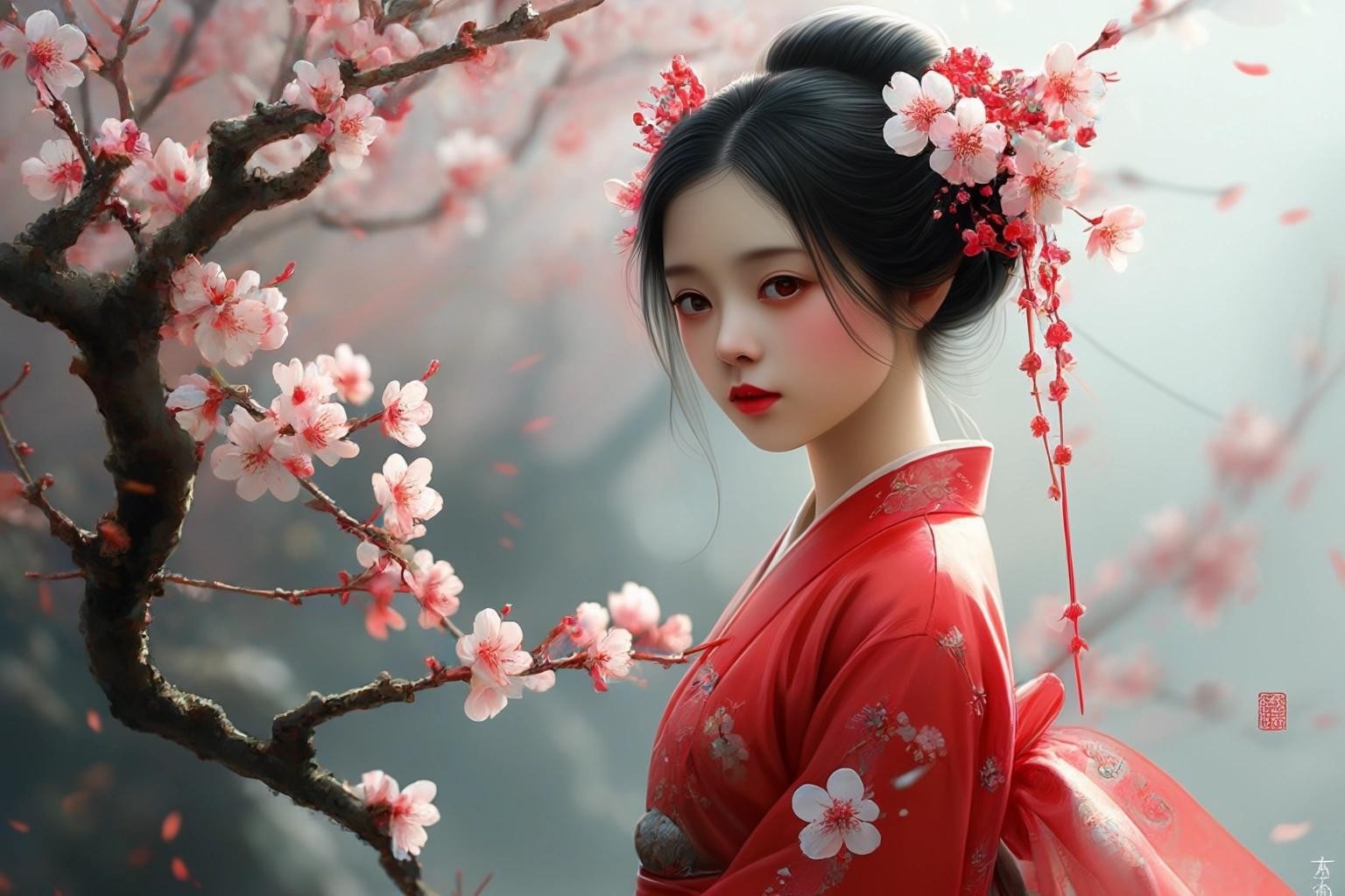 Image with seed 4213729659 generated via Stable Diffusion through @stablehorde@sigmoid.social. Prompt: Chinese Flower Fairy, Little Plum Blossom