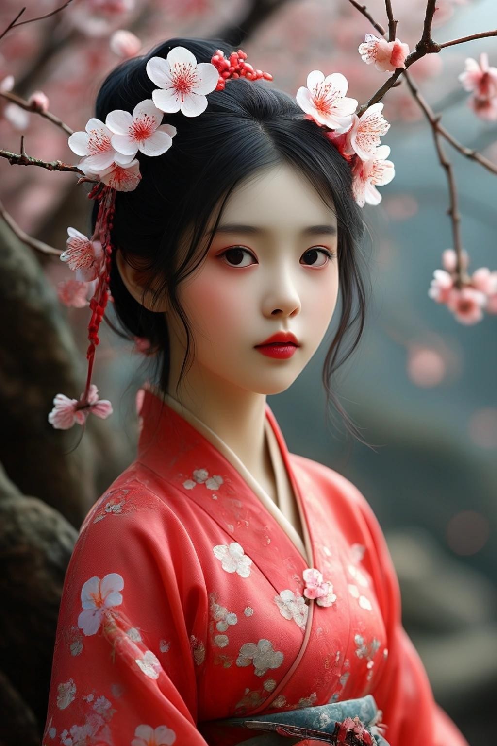 Image with seed 3974974430 generated via Stable Diffusion through @stablehorde@sigmoid.social. Prompt: Chinese Flower Fairy, Little Plum Blossom