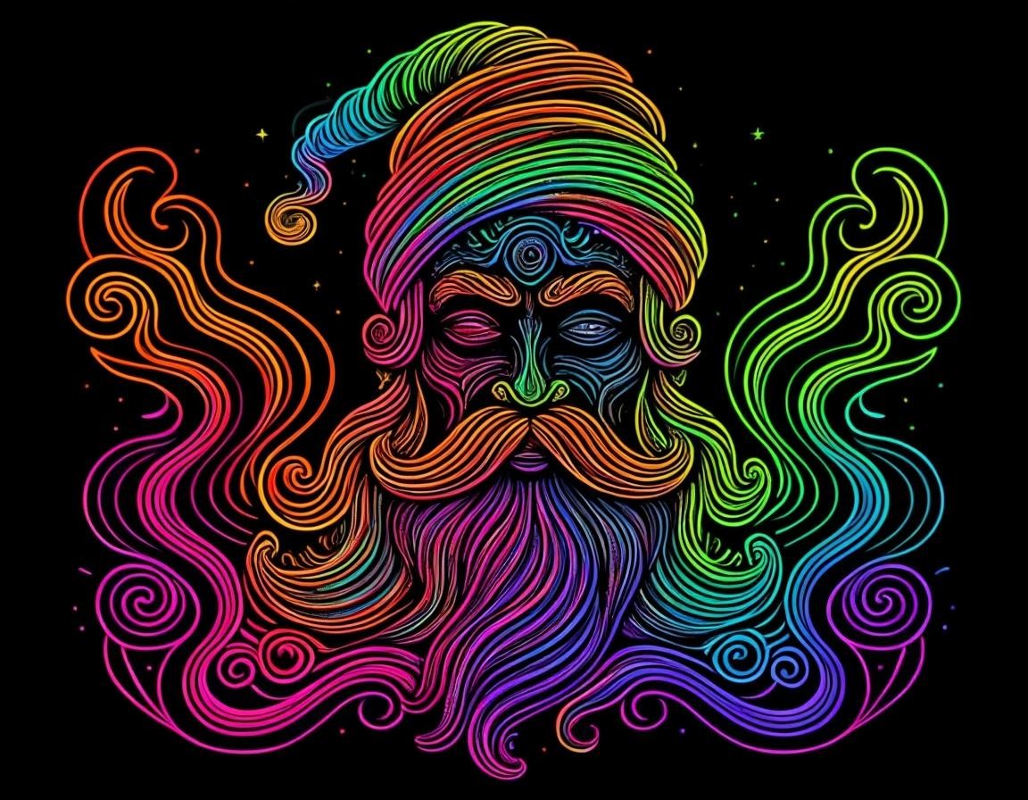 Image with seed 964598210 generated via Stable Diffusion through @stablehorde@sigmoid.social. Prompt: Intricate colorful neon rainbow djinn made of marijuana surrounded by spirals of swirling smoke,  darkness, intricately stylized vector design, line work, flourishes, patterns###white, blank,