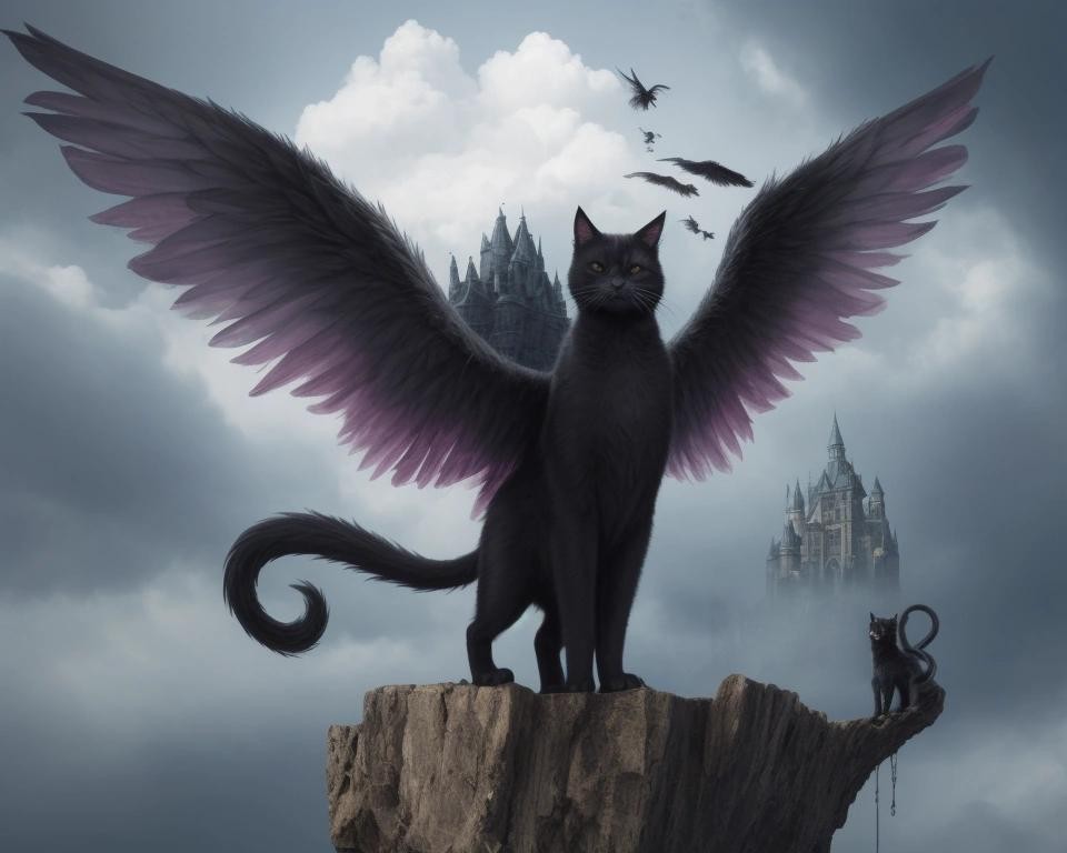 Image with seed 1830042054 generated via Stable Diffusion through @stablehorde@sigmoid.social. Prompt: a black cat with majestic wings, standing heroically on a cliff, cat tree castle in background, swirling clouds in the sky, , happy birthday, colorful, in the style of t3xtn