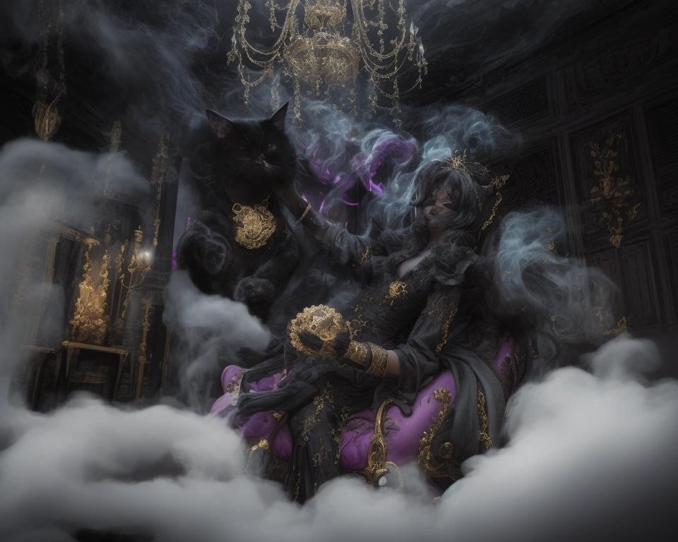 Image with seed 3499830938 generated via Stable Diffusion through @stablehorde@sigmoid.social. Prompt: a black cat surrounded by swirling smoke, in a mysterious Arabic salon, , happy birthday, colorful, in the style of t3xtn