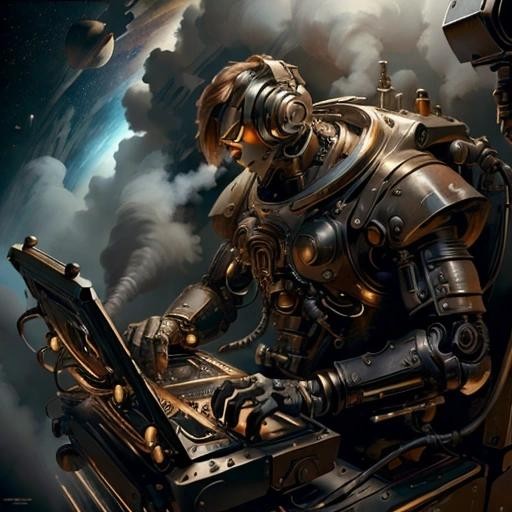 Image with seed 3179470642 generated via Stable Diffusion through @stablehorde@sigmoid.social. Prompt: A human cyborg deejay in space, cinematic, 8k Masterpiece By Igor Sobolevsky, Intricate Detail, Masterpiece, SteampunkAI###Plastic, doll, shiny skin, ugly, tiling, poorly drawn hands, poorly drawn feet, poorly drawn face, out of frame, extra limbs, disfigured, deformed, body out of frame, bad anatomy, watermark, signature, cut off, low contrast, underexposed, overexposed, bad art, beginner, amateur, distorted face, blurry, draft, grainy