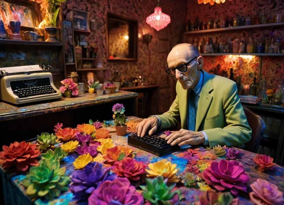Image with seed 1650174787 generated via Stable Diffusion through @stablehorde@sigmoid.social. Prompt: a ceramic diorama of William S Burroughs sitting at a typewriter, in a seedy bar, in Tangier, , by Carlos Santos and Christine tennenholtz Lisa Frank, floral, glossy ceramic flowers, Rainbow prism, spectral colors, refracted light, vibrant hues, dazzling display, Picturesque, Gut Feeling, Seasoned photographer, Olympus PEN-F, blooming beauty, delicate petals, intricate 3d floral patterns###2d printed drawing sketch cgi render cartoon comic manga animation anime lineart, plain background