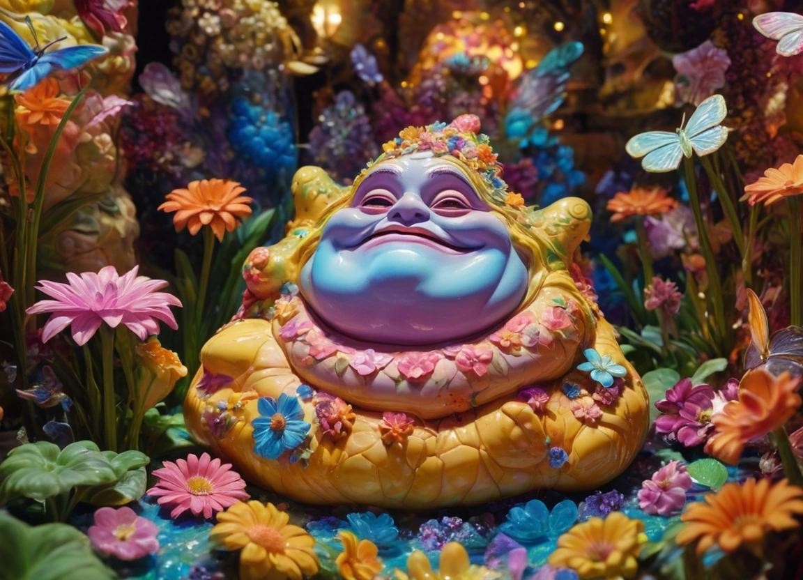 Image with seed 1563190917 generated via Stable Diffusion through @stablehorde@sigmoid.social. Prompt: a ceramic diorama of Jabba the Hutt smiling joyously, surrounded by butterflies, in Jabba’s Palace, , by Carlos Santos and Christine tennenholtz Lisa Frank, floral, glossy ceramic flowers, Rainbow prism, spectral colors, refracted light, vibrant hues, dazzling display, Picturesque, Gut Feeling, Seasoned photographer, Olympus PEN-F, blooming beauty, delicate petals, intricate 3d floral patterns###2d printed drawing sketch cgi render cartoon comic manga animation anime lineart, plain background