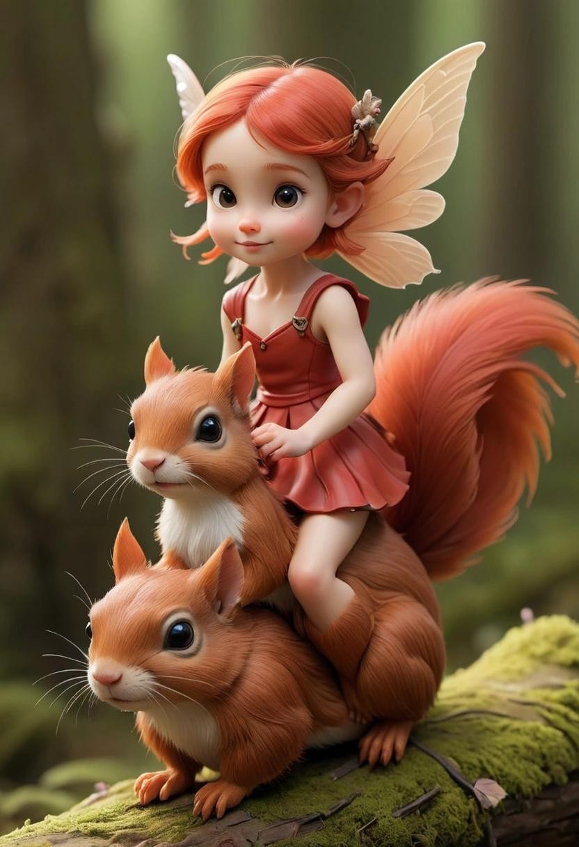 Image with seed 227054282 generated via Stable Diffusion through @stablehorde@sigmoid.social. Prompt: a tiny fairy riding a red squirrel 