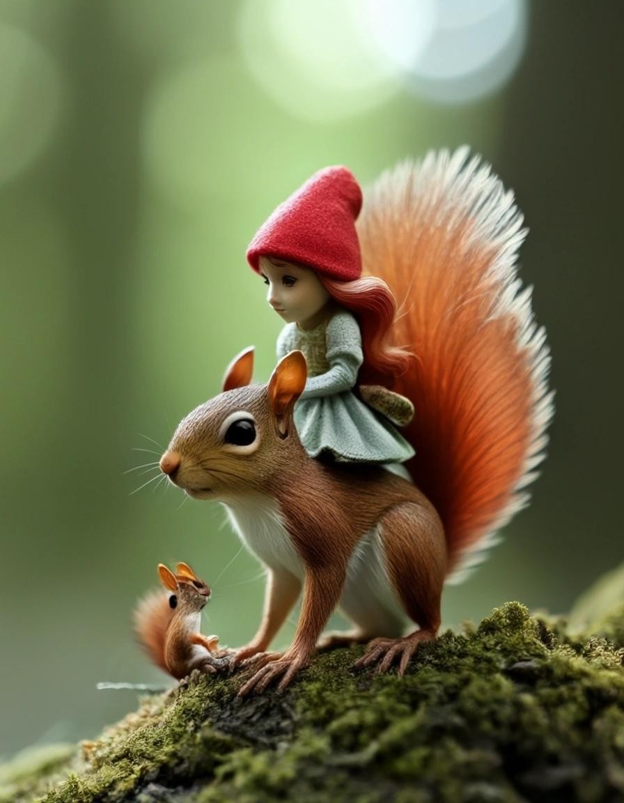 Image with seed 3538333609 generated via Stable Diffusion through @stablehorde@sigmoid.social. Prompt: a tiny fairy riding a red squirrel