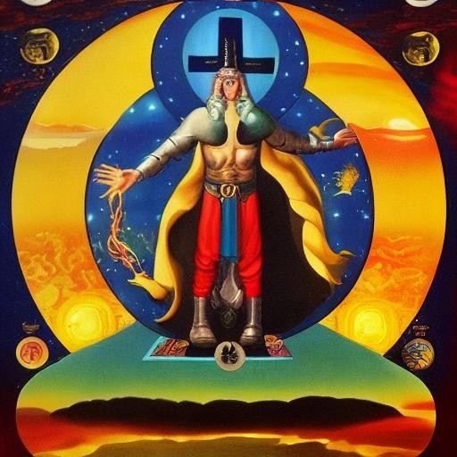 Image with seed 1756877688 generated via Stable Diffusion through @stablehorde@sigmoid.social. Prompt: a hero who can travel the 11 dimensions, from rock to god, the wheel of samsara and the hero on his journey to freedom 
