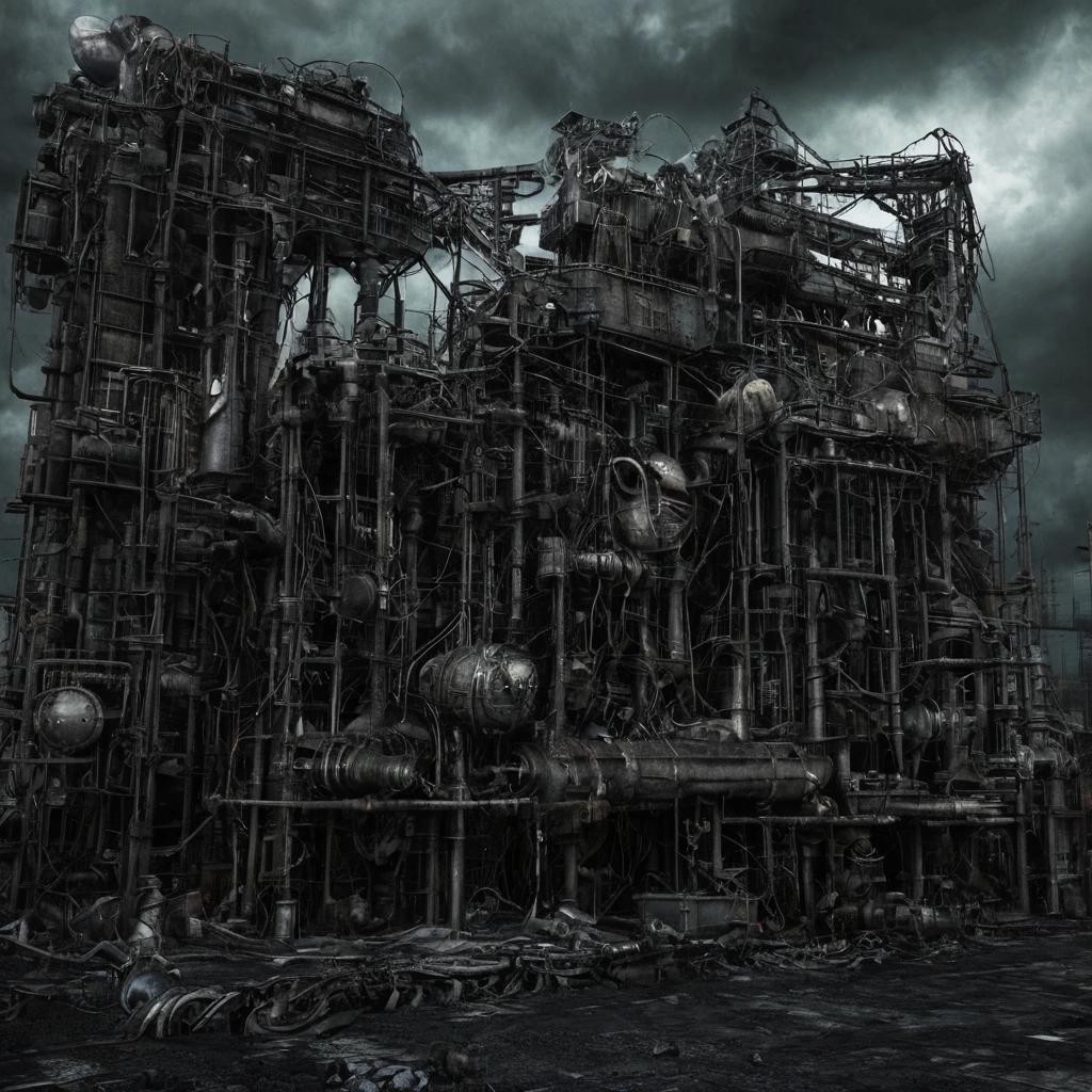 Image with seed 1196269806 generated via Stable Diffusion through @stablehorde@sigmoid.social. Prompt: Surreal Industrial Nightmare Machine 