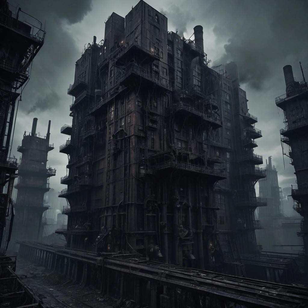 Image with seed 1642723231 generated via Stable Diffusion through @stablehorde@sigmoid.social. Prompt: Surreal Industrial Nightmare Machine, Dark Satanic Mills, oppressive, dystopian, dark, broken future, cyberpunk 