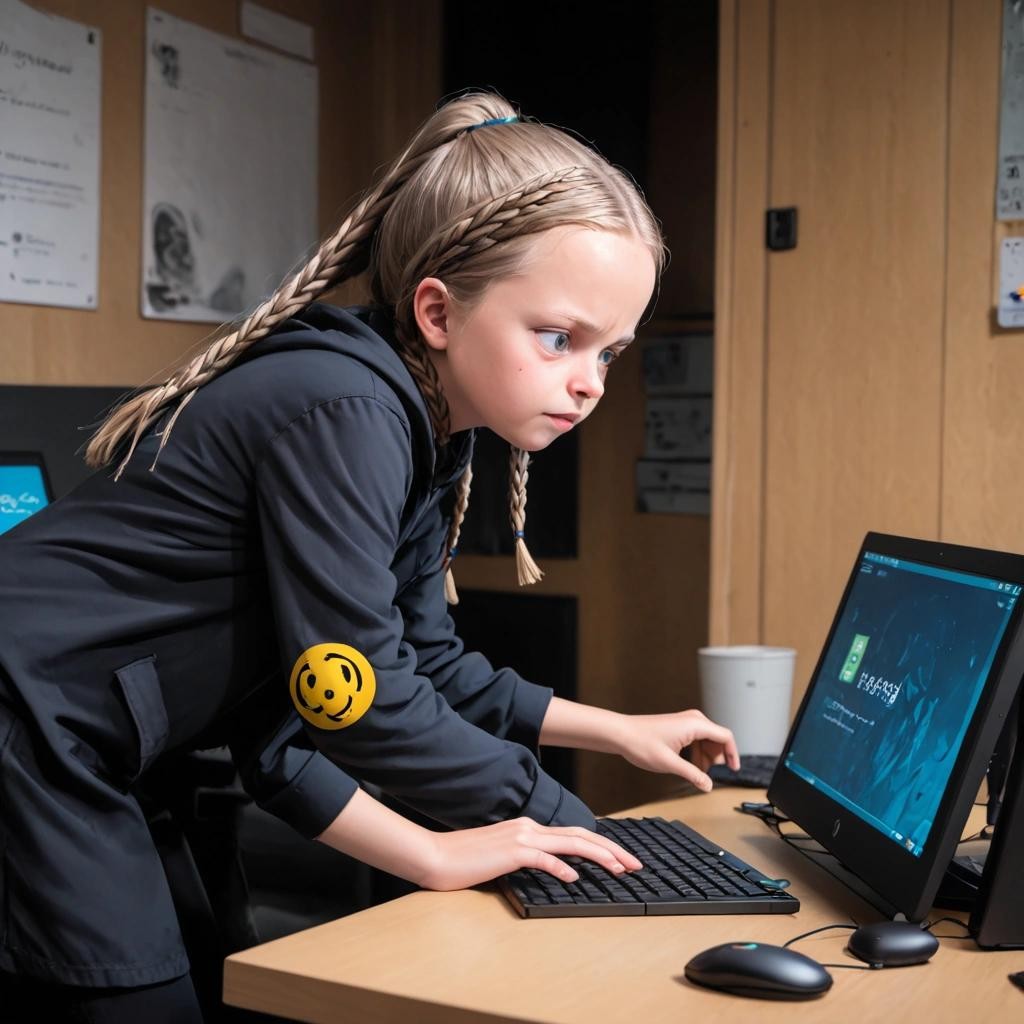 Image with seed 2675584439 generated via Stable Diffusion through @stablehorde@sigmoid.social. Prompt: greta thunberg carefully orchestrating a linux kernel backdoor###