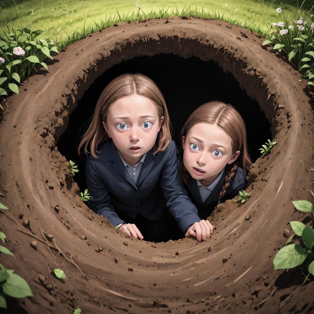 Image with seed 4255459971 generated via Stable Diffusion through @stablehorde@sigmoid.social. Prompt: greta thunberg burying Zuckerberg in a hole ###