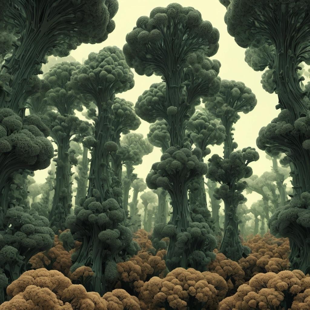 Image with seed 2276831705 generated via Stable Diffusion through @stablehorde@sigmoid.social. Prompt: a forest of fractal broccoli mandelbulb trees 