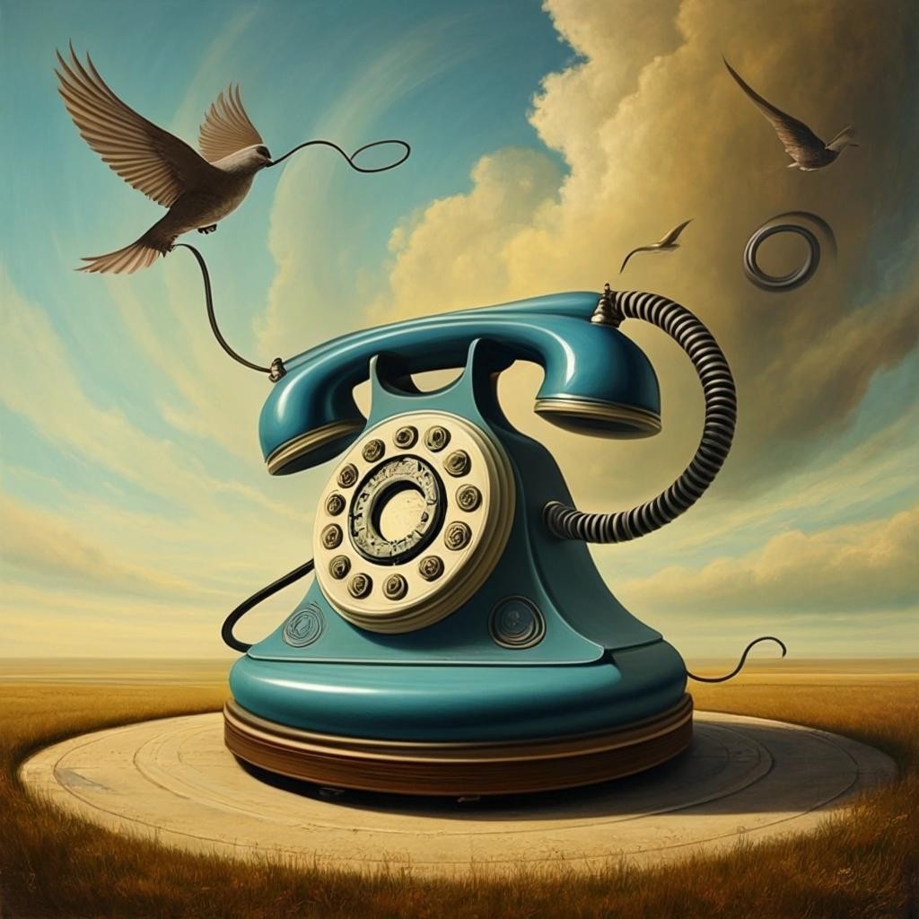 Image with seed 4259778590 generated via Stable Diffusion through @stablehorde@sigmoid.social. Prompt: Timelike Curves and the Revenge of the Flying Rotary Phone. Surrealism, fantasy, magic, whimsical, dreamlike, another world 